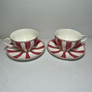 Meritage Heritage Fabio Pink & White Striped Teacup & Saucers. 6 oz. Set of 2.